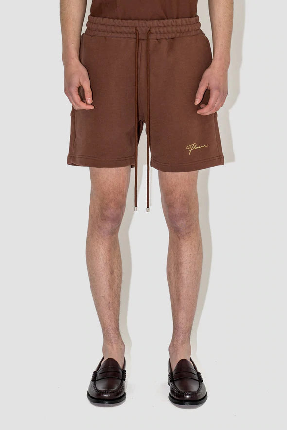 FLANEUR HOMME EMBROIDERED SIGNATURE SHORTS IN DARK BROWN